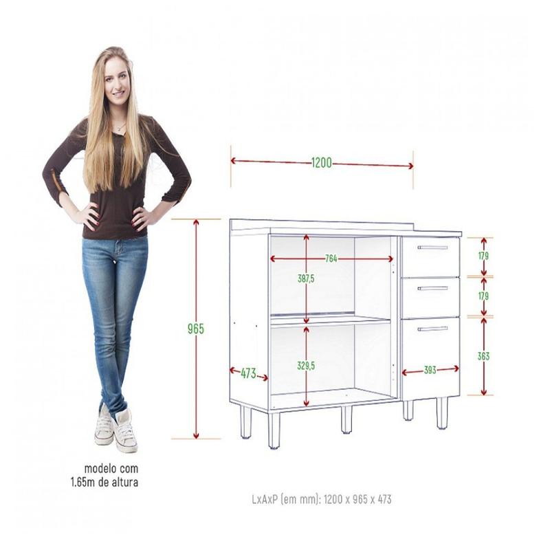 もなか3120サイズ Balcão de Cozinha 2 Portas 3 Gavetas com Tampo Color Plus Zanzini